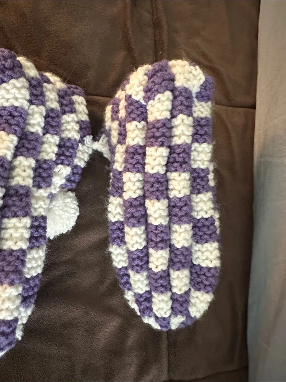 Purple & White Checkered Crochet Slippers with Pom-Poms - Kids Size 12-13